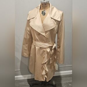Larry Levine Trench Coat Jacket Double Breasted With Ruffle Trim NWT